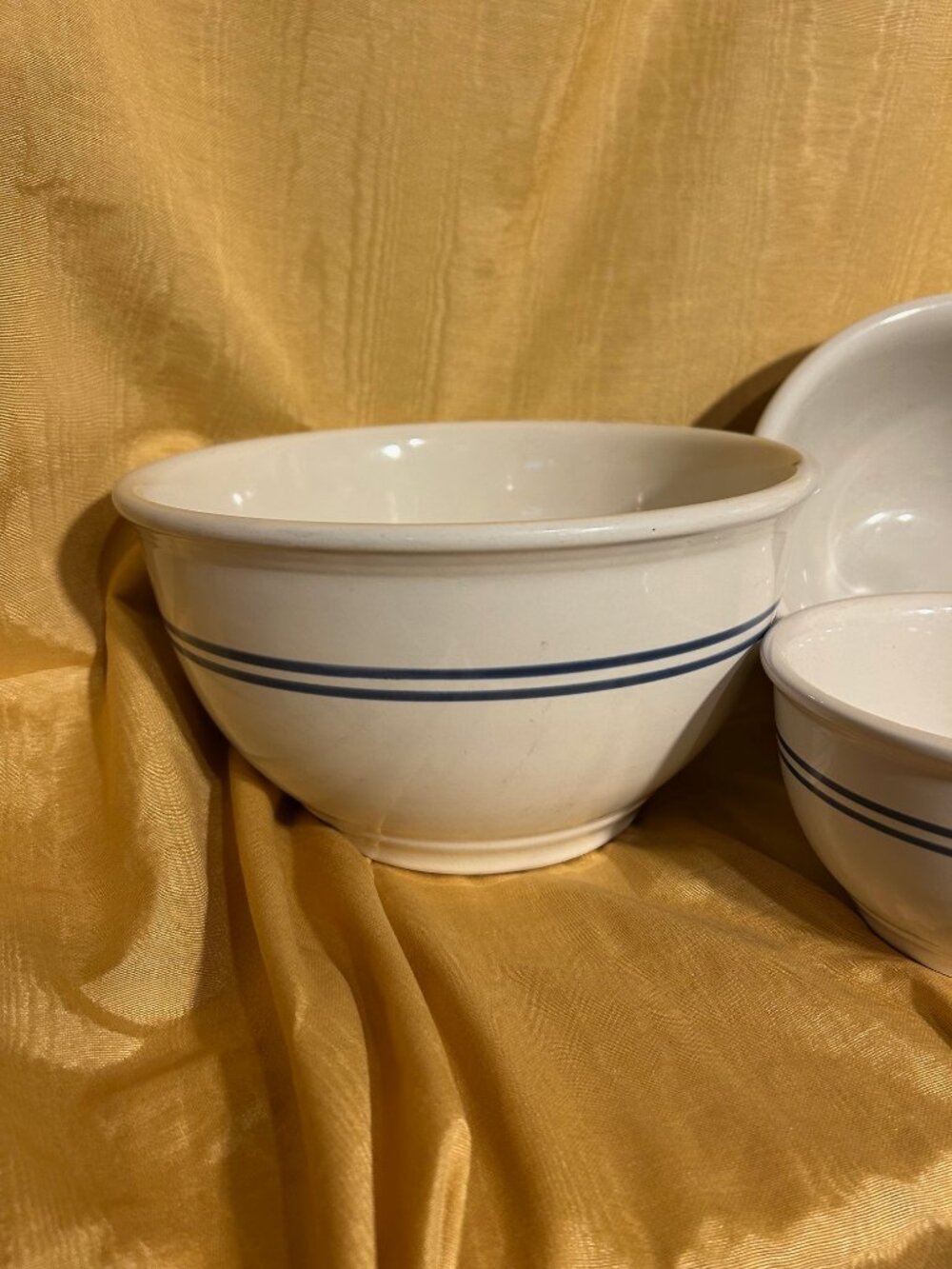Vintage  1940 Gibson   China Mixing bowl set  gray w 2 blue stripes  heavy  16 c